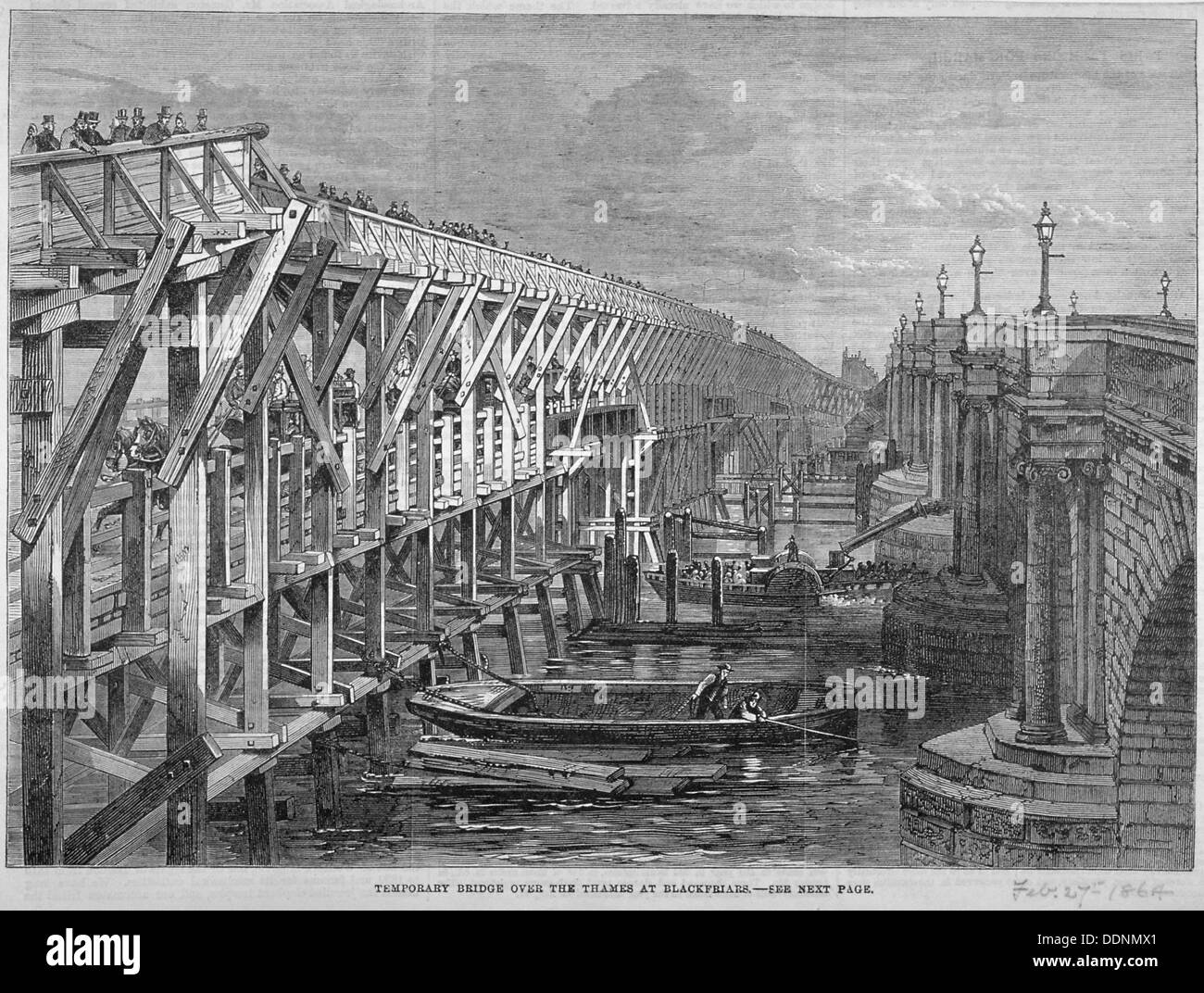 Temporanea ponte in legno sul fiume Tamigi a Blackfriars, Londra, 1864. Artista: Anon Foto Stock