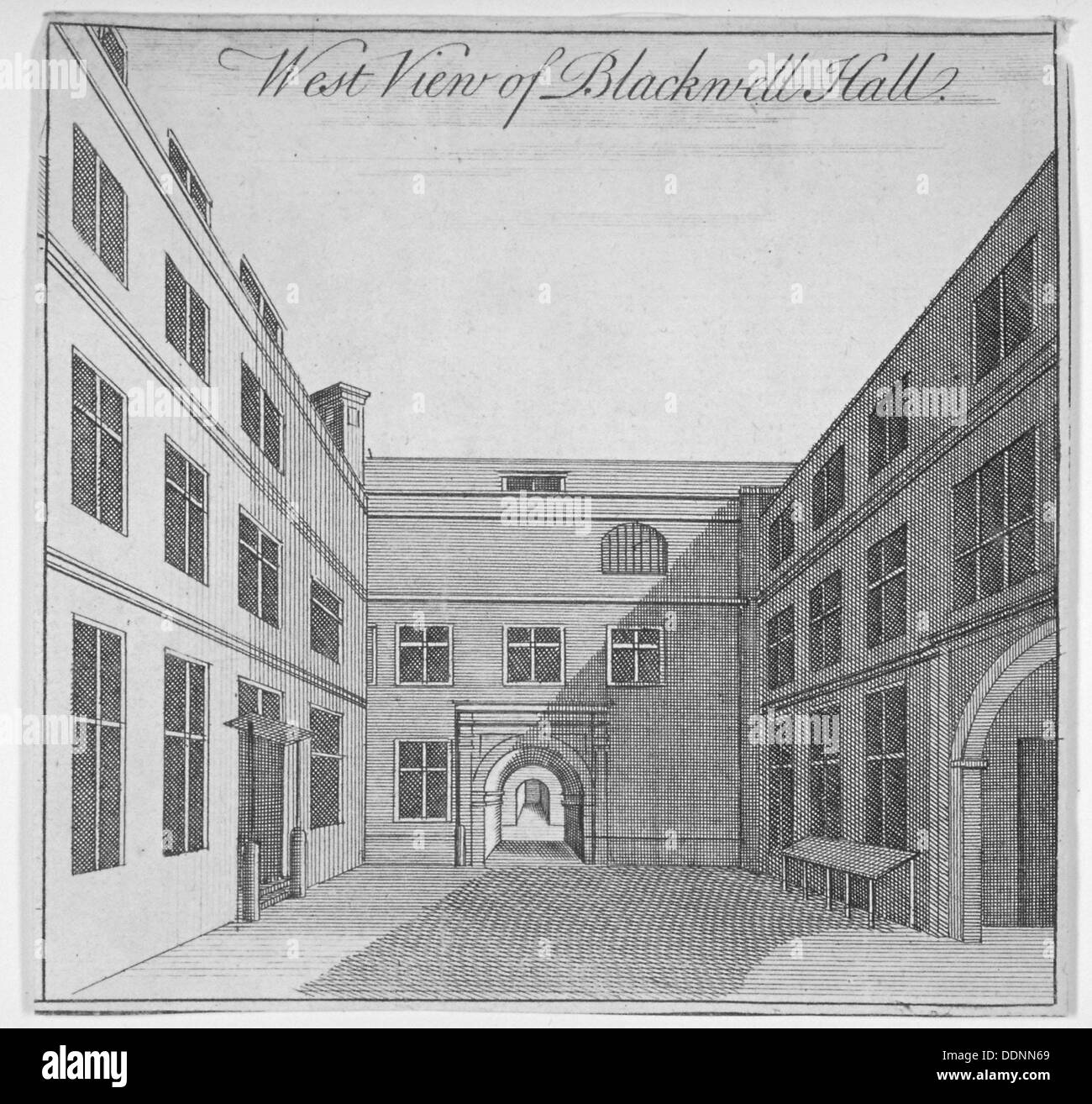 Vista ovest del cortile in Blackwell Hall, City of London, 1750. Artista: Anon Foto Stock