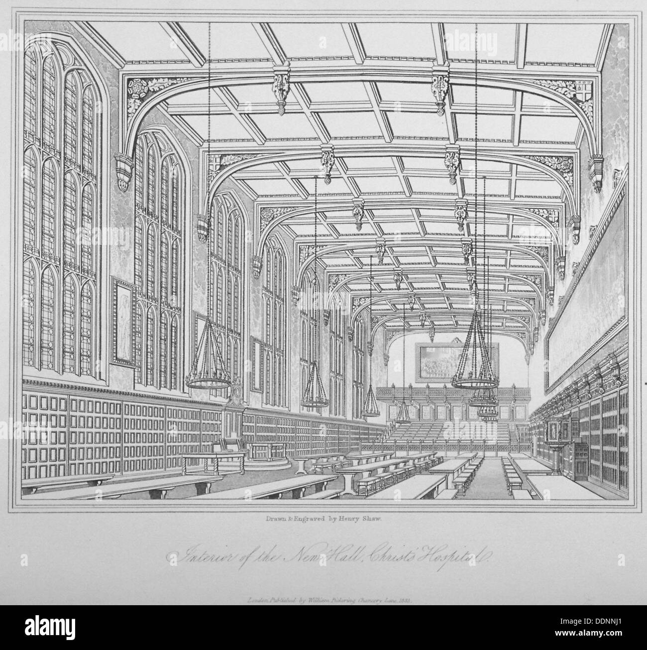 Vista interna della hall, Cristo's Hospital, città di Londra, 1833. Artista: Henry Shaw Foto Stock