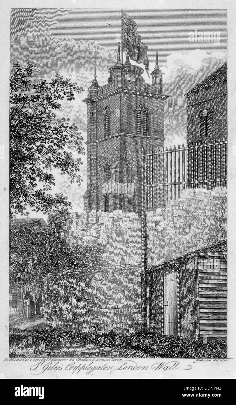 Chiesa di St Giles senza Cripplegate, e London Wall, città di Londra, 1801. Artista: James Peller Malcolm Foto Stock