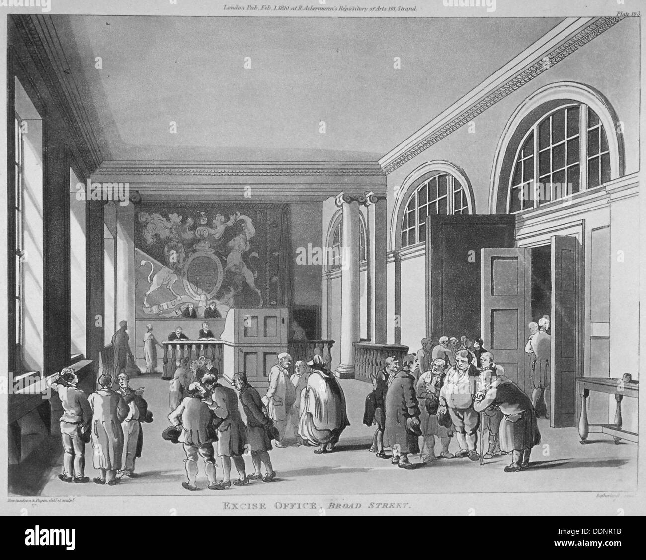 Interno dell'Ufficio di accise, Old Broad Street, City of London, 1810. Artista: Thomas Sutherland Foto Stock