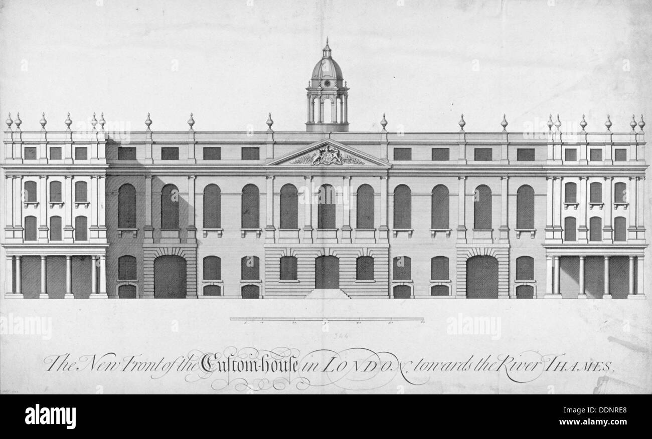 Vista del nuovo Custom House, ricostruito dopo l'incendio del 1718, città di Londra, 1722. Artista: Anon Foto Stock