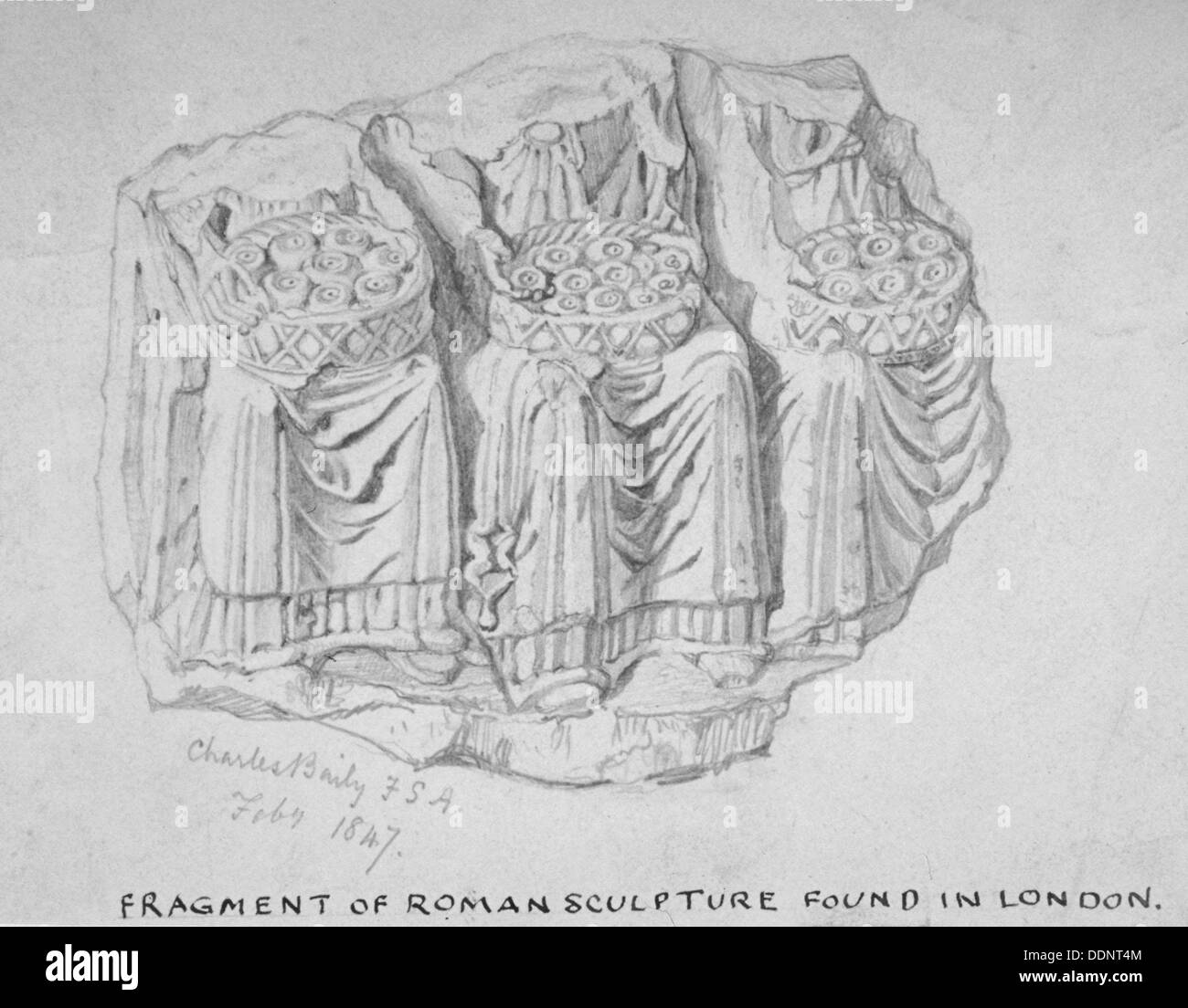 Frammento di scultura romana trovati nella Hart Street, Crutched Frati, città di Londra, 1847. Artista: Charles Baily Foto Stock