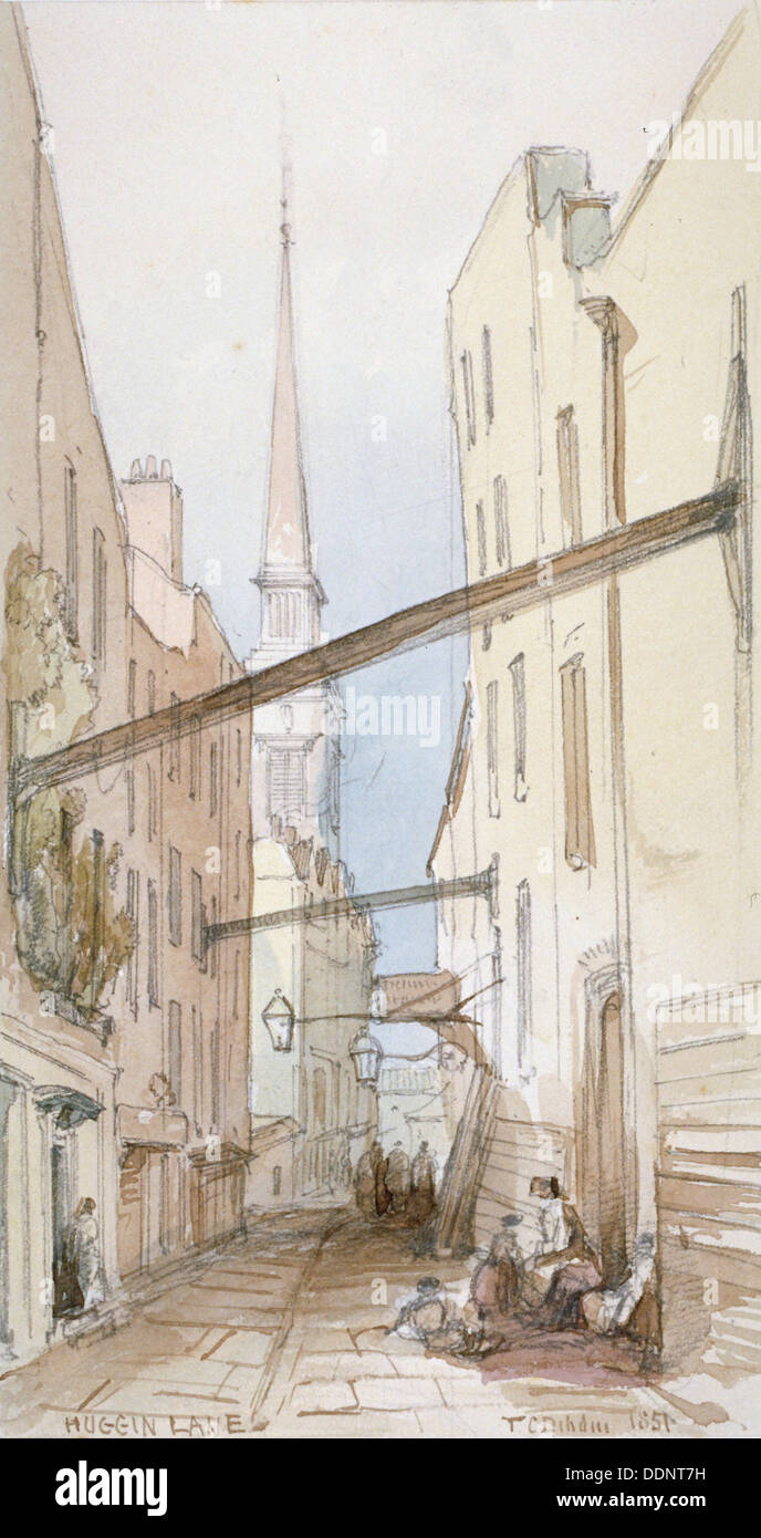 Huggin Lane, Città di Londra, 1851. Artista: Thomas Colman Dibdin Foto Stock