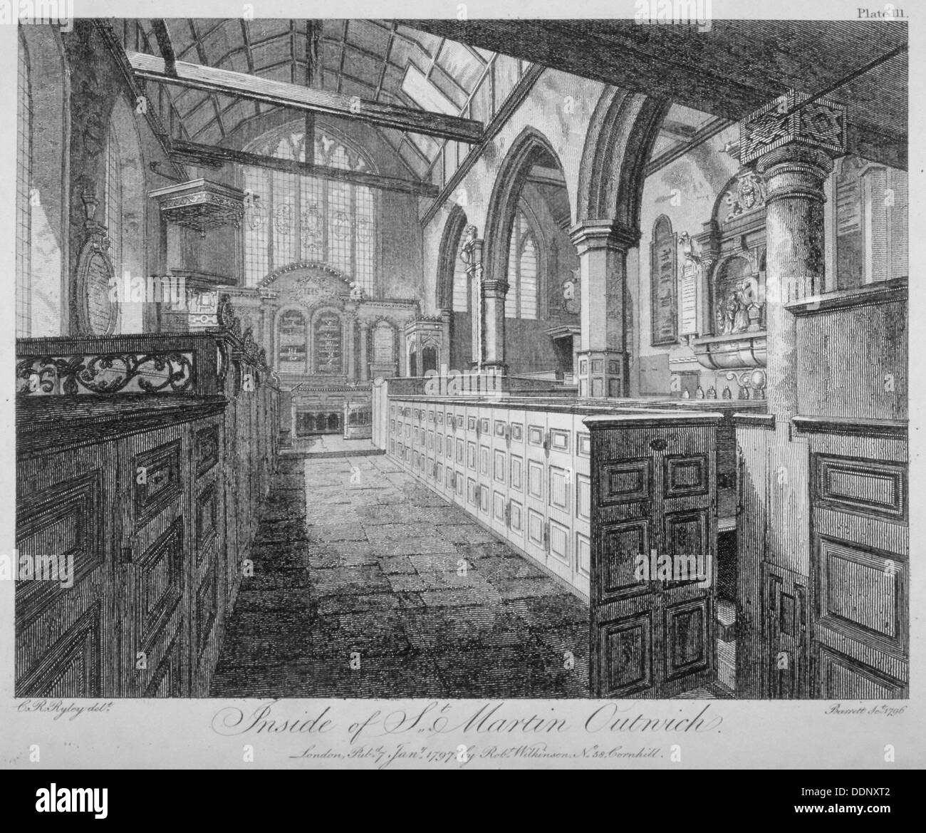 Interno della chiesa di St Martin Outwich, città di Londra, 1796. Artista: Barrett Foto Stock