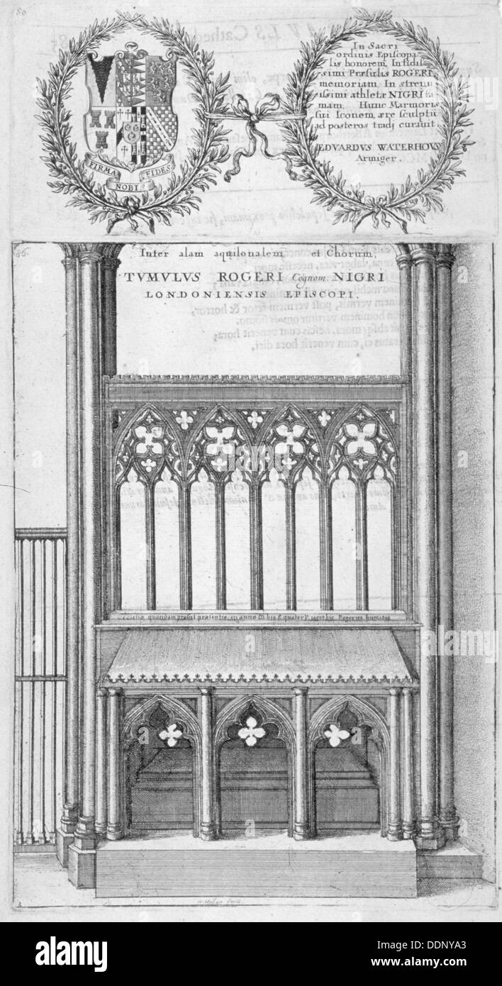 Tomba di Roger Niger, Vescovo di Londra, nella vecchia Cattedrale di St Paul, 1656. Artista: Wenceslaus Hollar Foto Stock