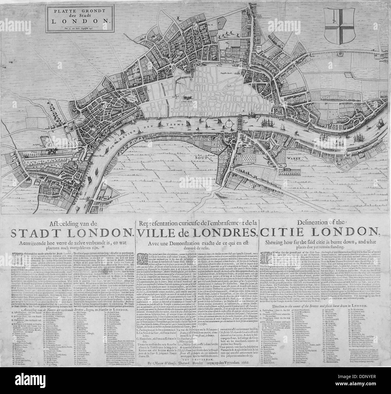 Mappa di Londra che mostra la distruzione causata dal Grande Incendio, 1666. Artista: Anon Foto Stock