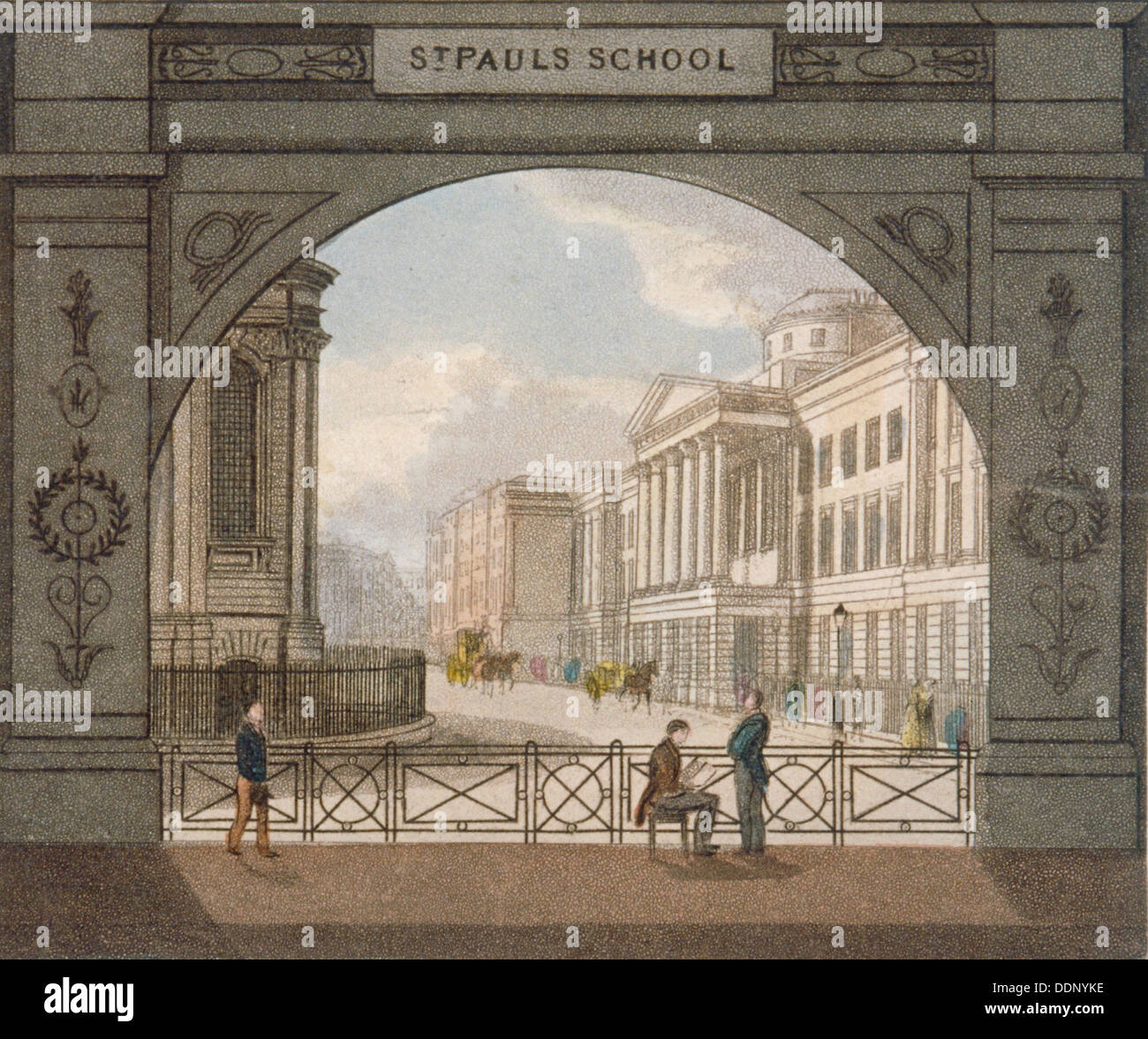 Vista di St Paul's School, città di Londra, 1820. Artista: Anon Foto Stock