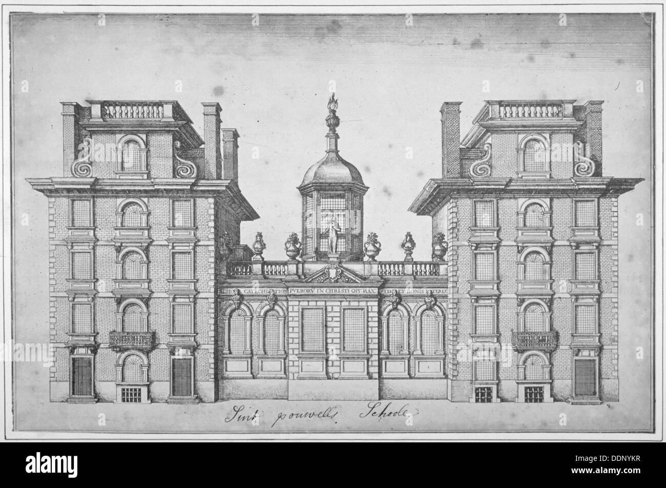 Elevazione di St Paul's School, città di Londra, 1670. Artista: Anon Foto Stock