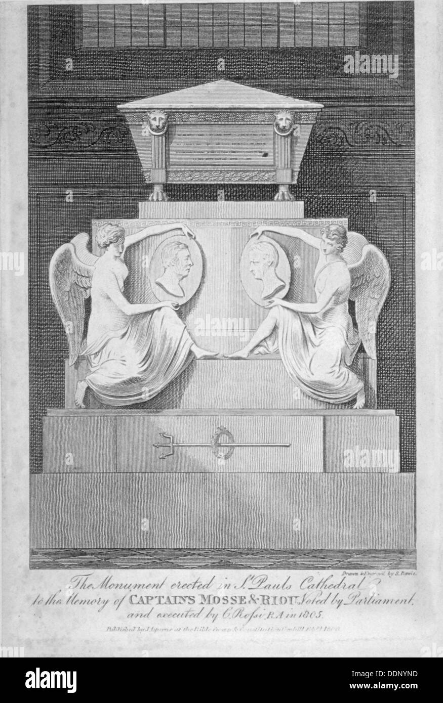 Monumento ai capitani James mosse e Edward Riou, la Cattedrale di St Paul, città di Londra, 1806. Artista: Samuel Rawle Foto Stock