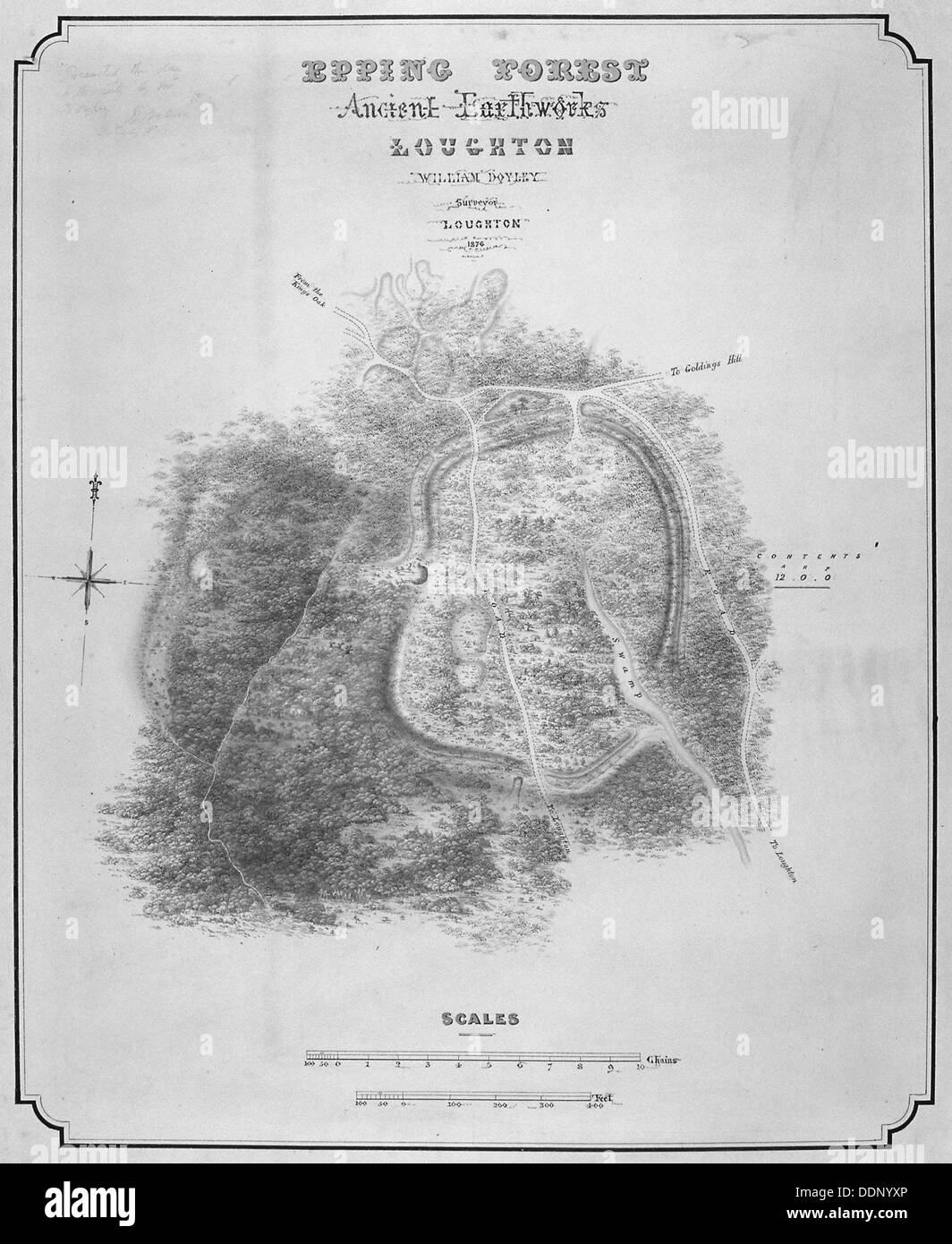 Mappa degli antichi lavori di sterro a Botesdale Camp realizzato intorno ad 52 nella Foresta di Epping, Essex, 1876. Artista: William d'Oyley Foto Stock
