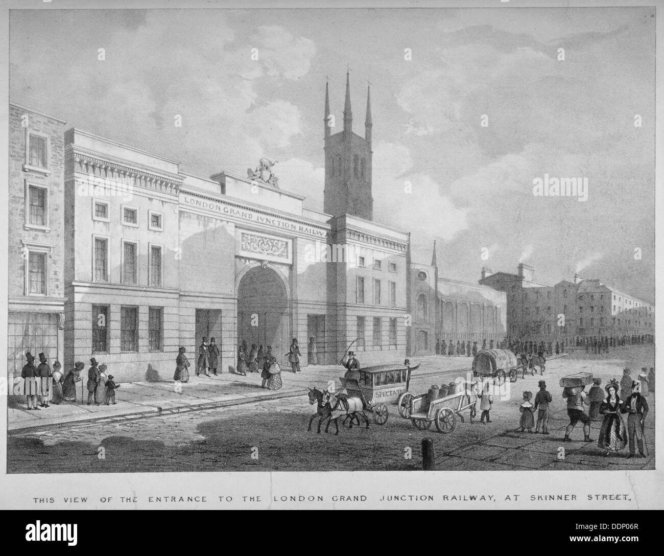 Ingresso al Grand Junction terminal ferroviario, Skinner Street, vicino a HOLBORN VIADUCT, LONDRA, 1835. Artista: Anon Foto Stock