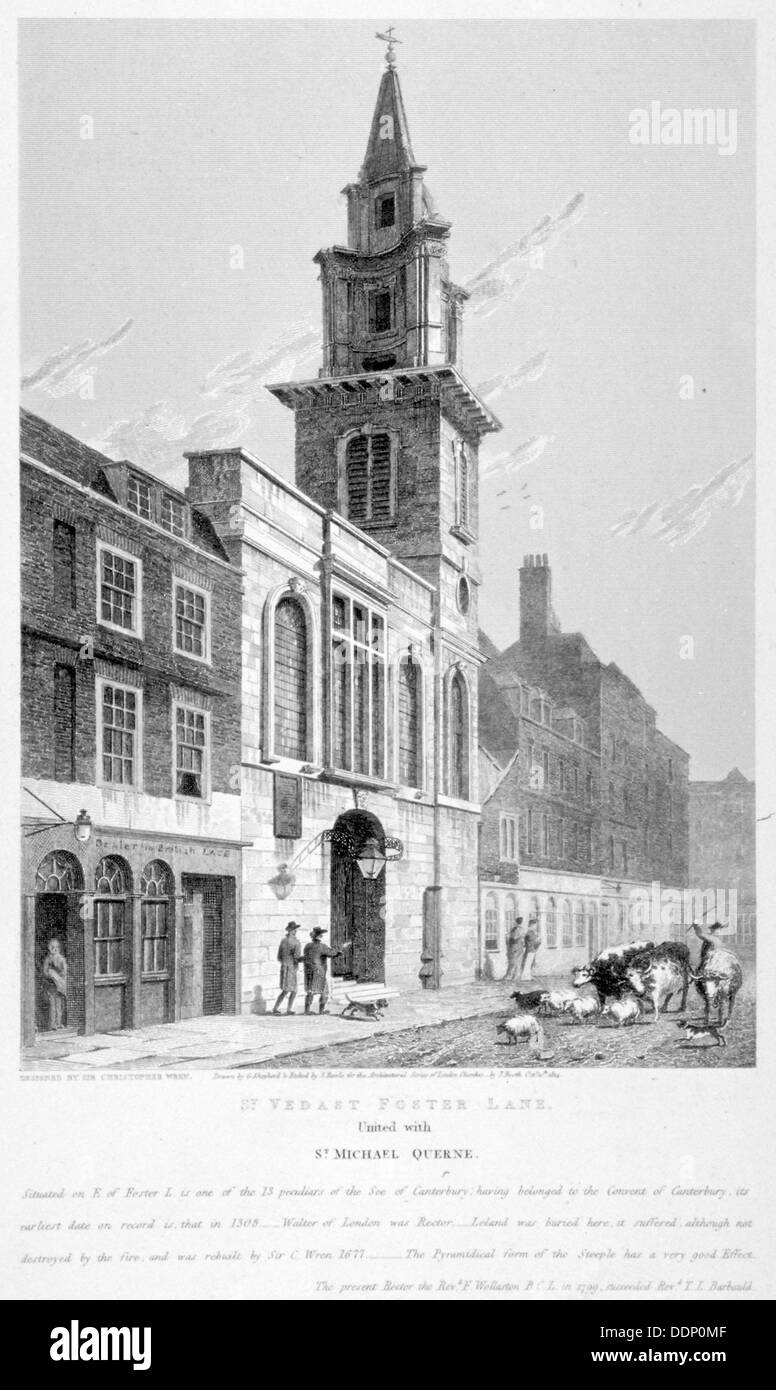 Chiesa di St Vedast Foster Lane, Città di Londra, 1814. Artista: Samuel Rawle Foto Stock