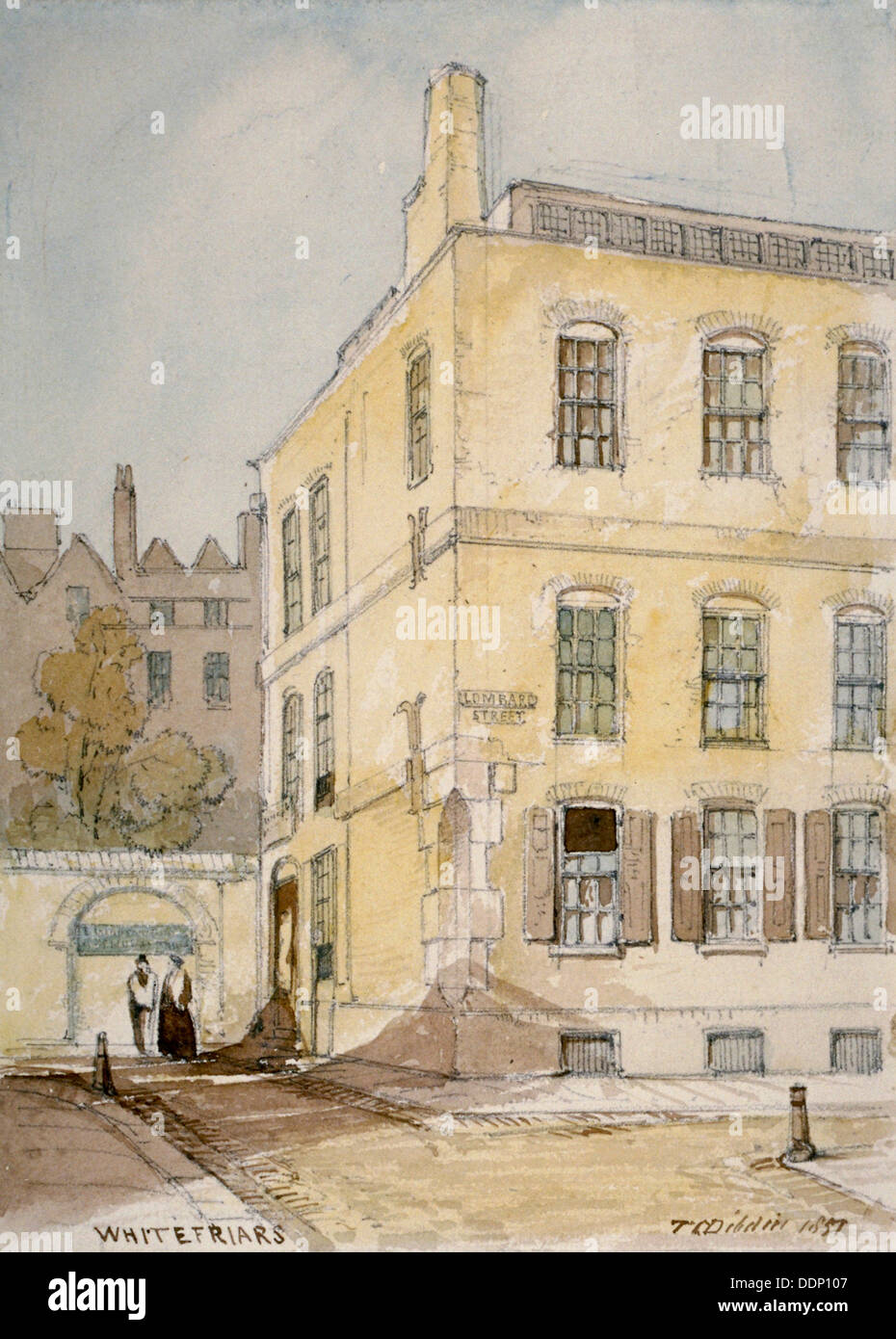 Vista di Whitefriars che mostra l'angolo di Lombard Street, City of London, 1851. Artista: Thomas Colman Dibdin Foto Stock