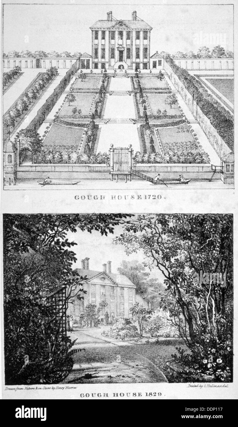 Due viste di Gough House, West Road, a Chelsea, Londra, c1830. Artista: Charles Joseph Hullmandel Foto Stock