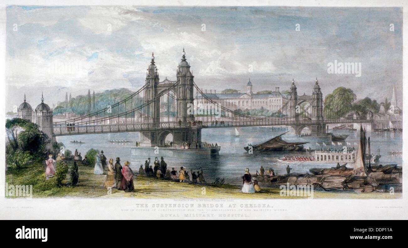 Vista del ponte di sospensione a Chelsea, Londra, 1852. Artista: TA prima Foto Stock