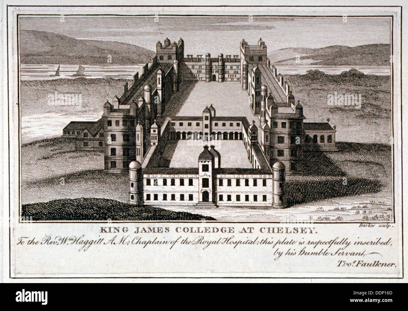Vista panoramica del re James's College, a Chelsea, Londra, c1800. Artista: John Barlow Foto Stock