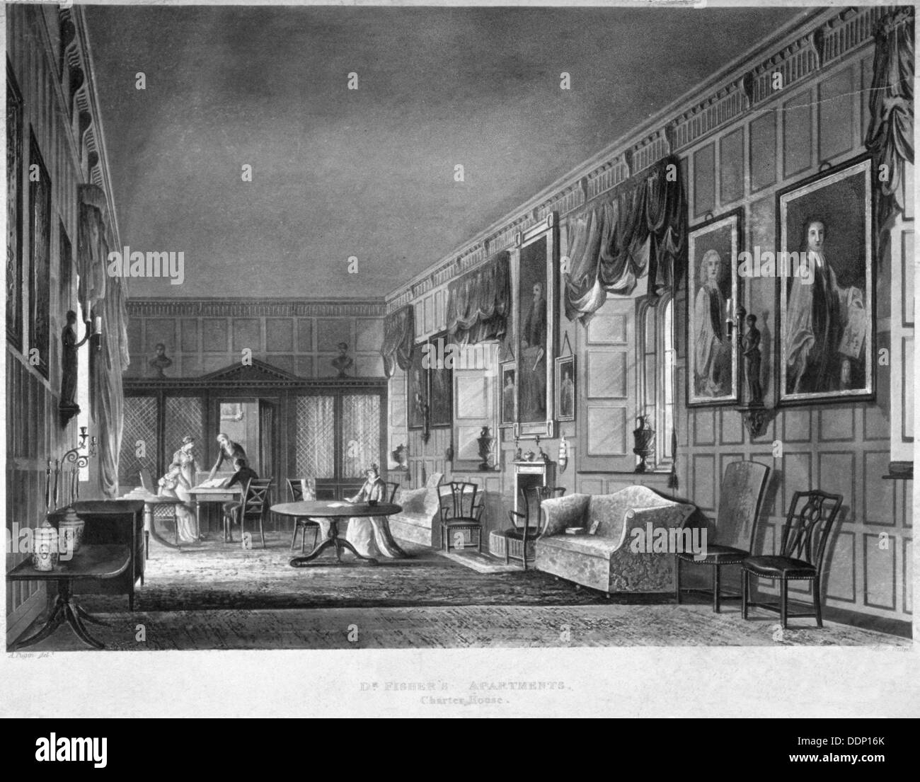 Vista interna del dottor Fisher sugli appartamenti, Certosa, Finsbury, Londra, 1816. Artista: Giuseppe Costantino Stadler Foto Stock