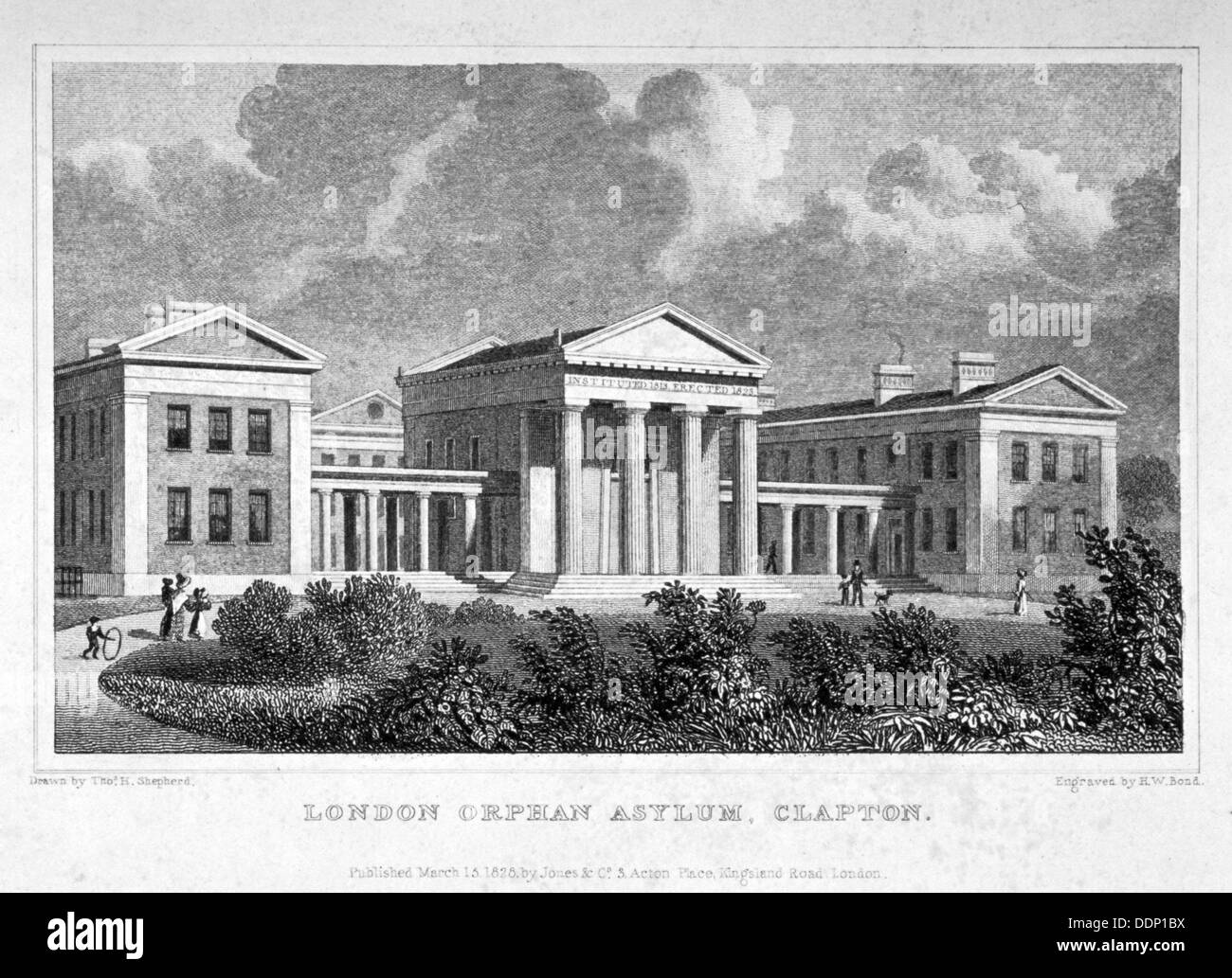 Vista del London Orphan asilo in Clapton, Hackney, Londra, 1828. Artista: WH Bond Foto Stock
