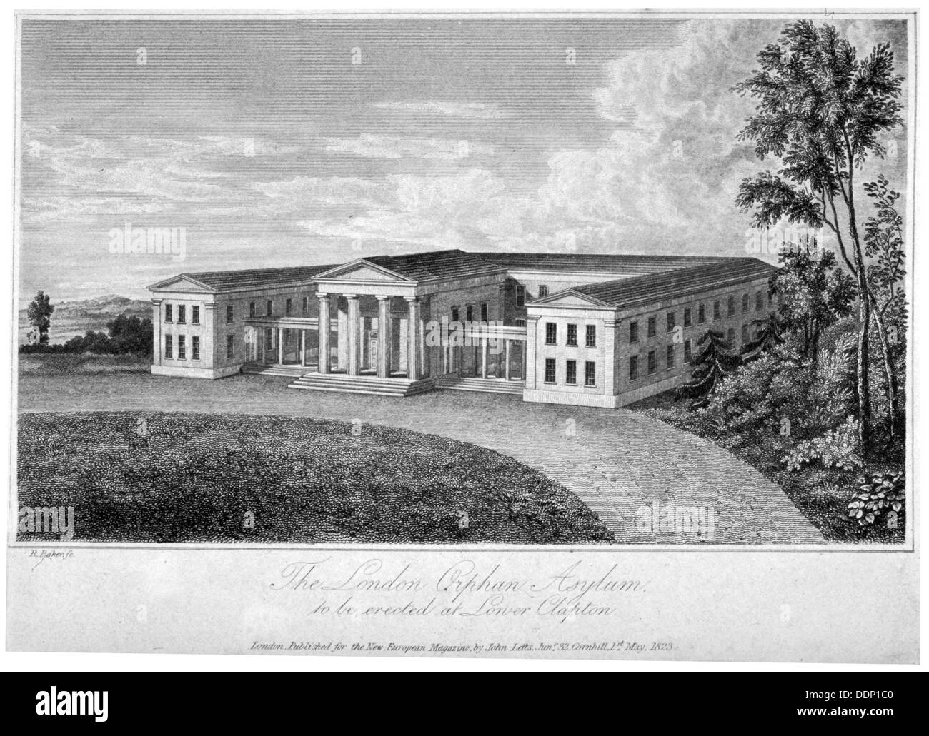 Vista del London Orphan asilo, Clapton, Hackney, Londra, 1823. Artista: R Baker Foto Stock
