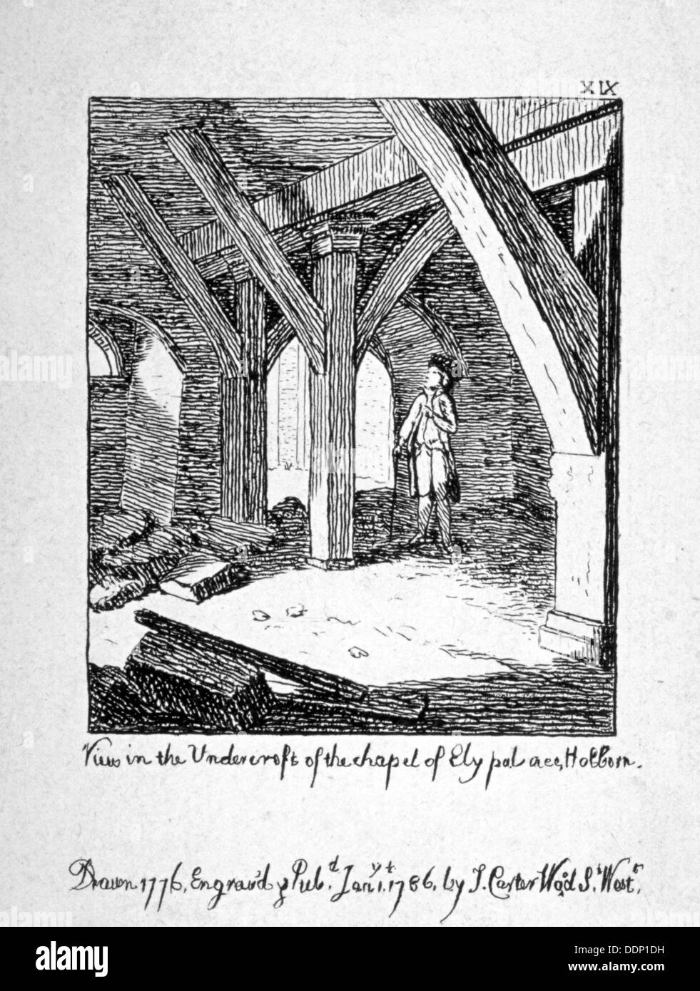 Vista la undercroft della chiesa di St Etheldreda, Ely Place, Holborn, Londra, 1786. Artista: John Carter Foto Stock