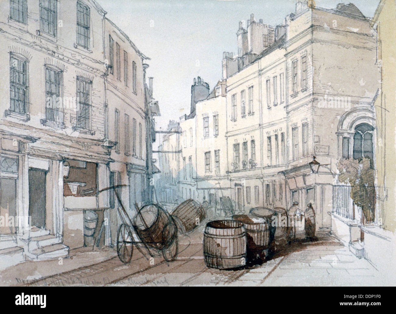 Bread Street Hill e St Nicholas Olave sagrato, City of London, c1850. Artista: Thomas Colman Dibdin Foto Stock