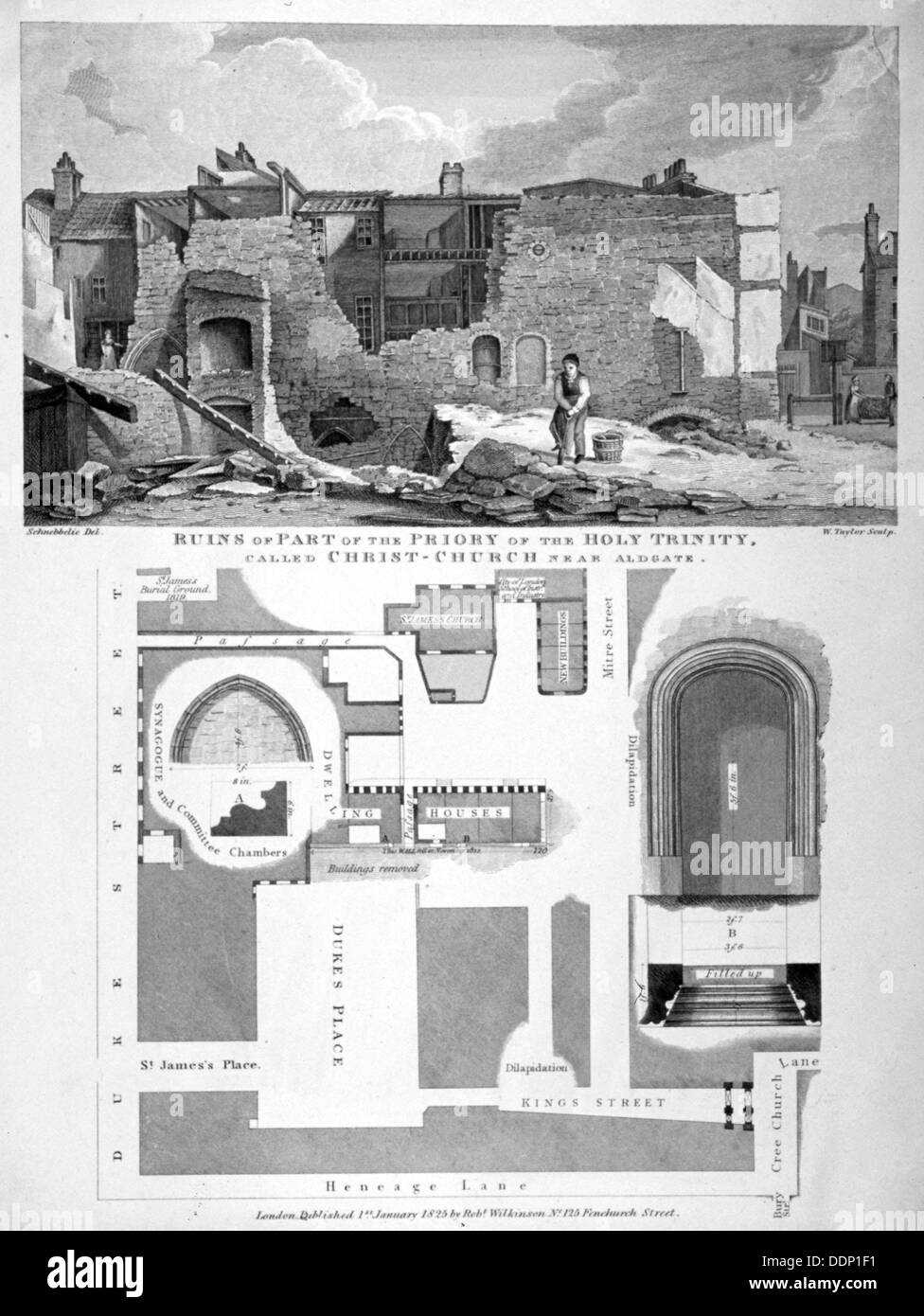 Il priorato di Santa Trinità, Duke's Place, Città di Londra, 1825. Artista: William Taylor Foto Stock