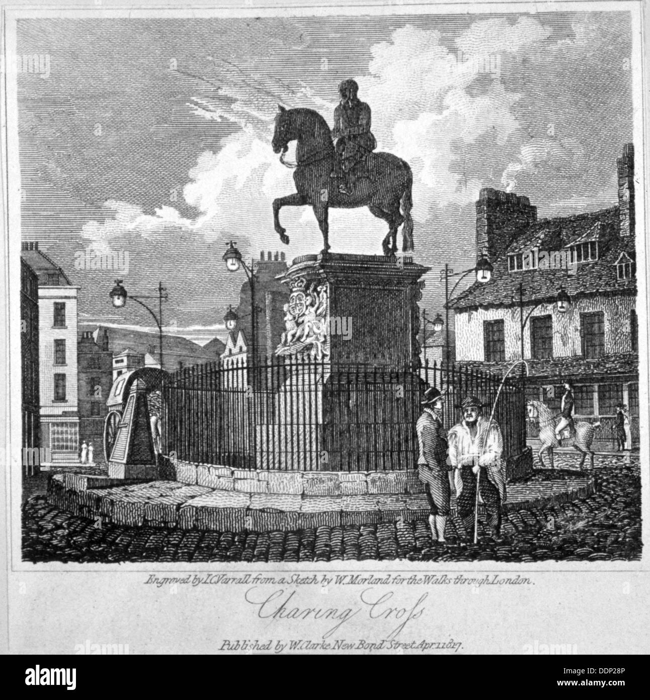 Vista di Charing Cross, mostrando la statua del re Carlo I, Westminster, Londra, 1817. Artista: JC Varrall Foto Stock