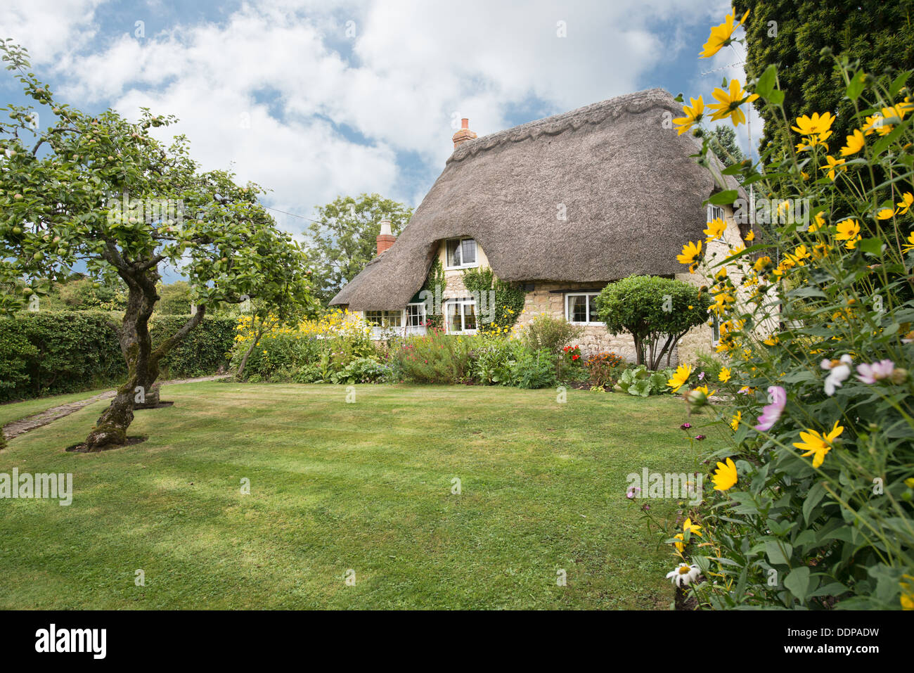 Una bellissima country inglese tradizionale cottage con tetto in paglia e grazioso giardino in Purton, Wiltshire, Regno Unito Foto Stock