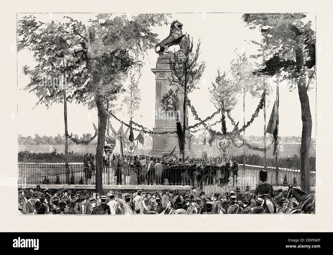 L'anniversario della battaglia di Waterloo, la statua a QUATRE BRAS, Belgio, incisione 1890, immagine incisa, storia, arkheia Foto Stock