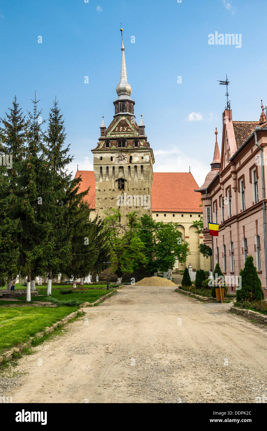 Saschiz fortificato chiesa evangelica in Transilvania, Romania Foto Stock