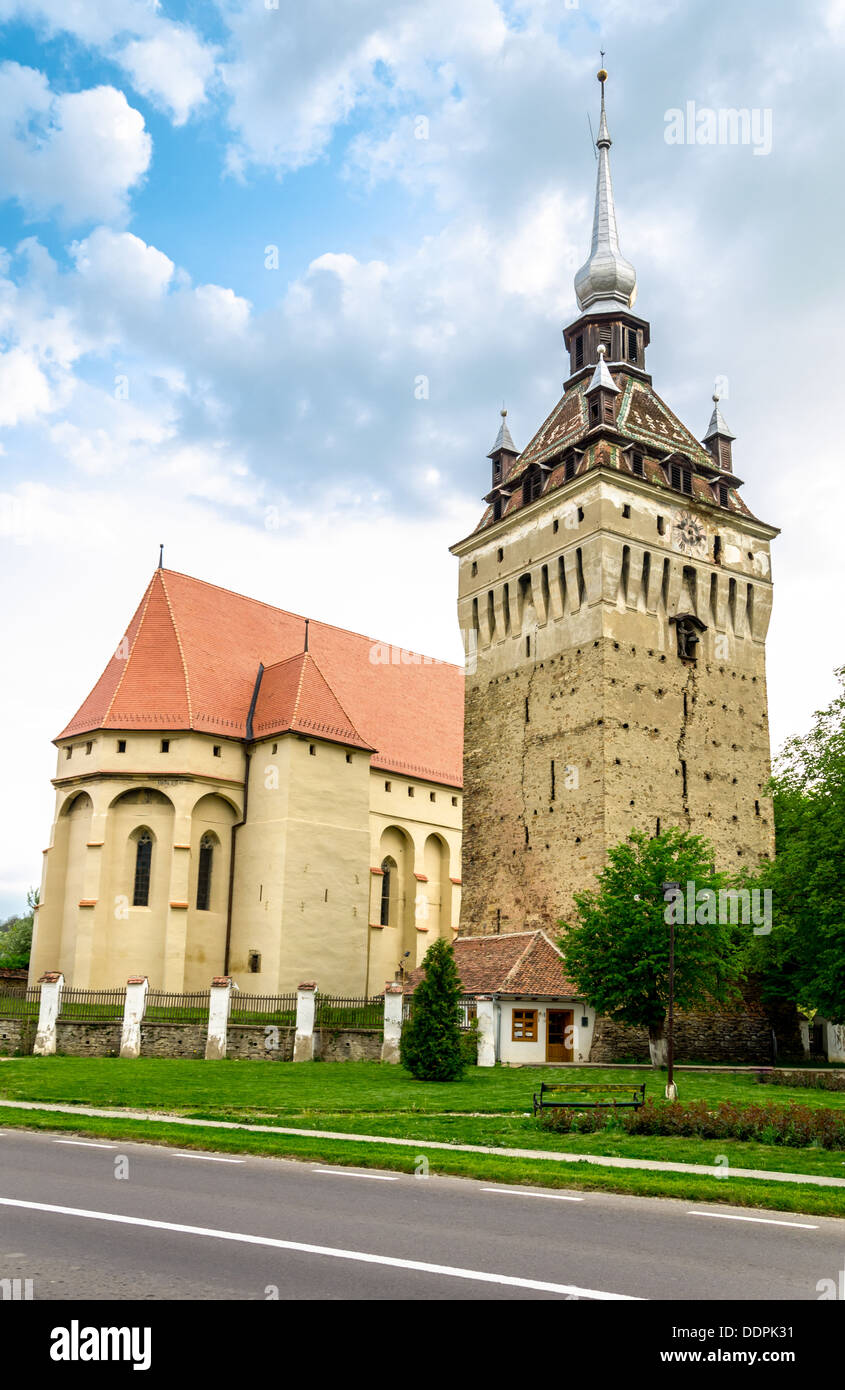 Saschiz fortificato chiesa evangelica in Transilvania, Romania Foto Stock