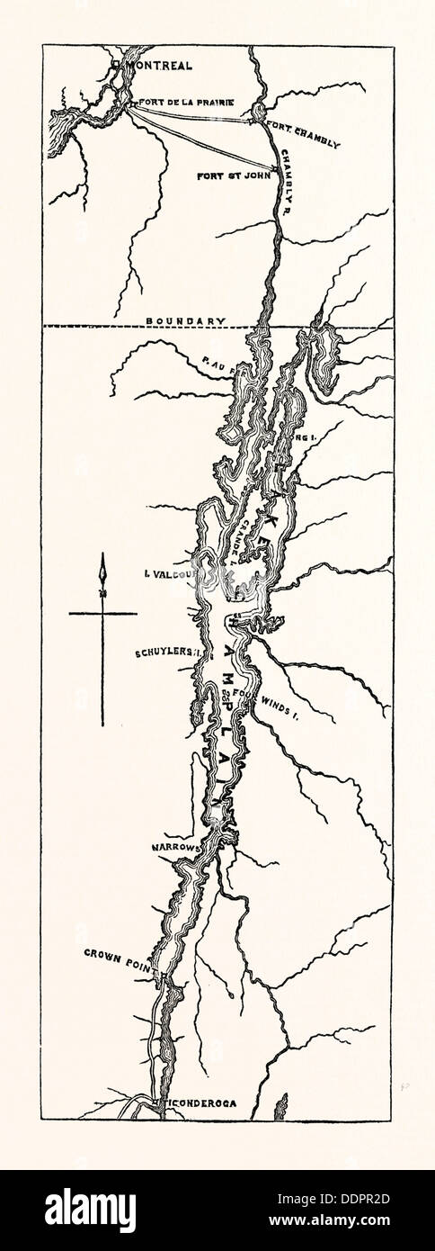 Mappa di lago Champlain, US, USA, 1870 l'incisione Foto Stock