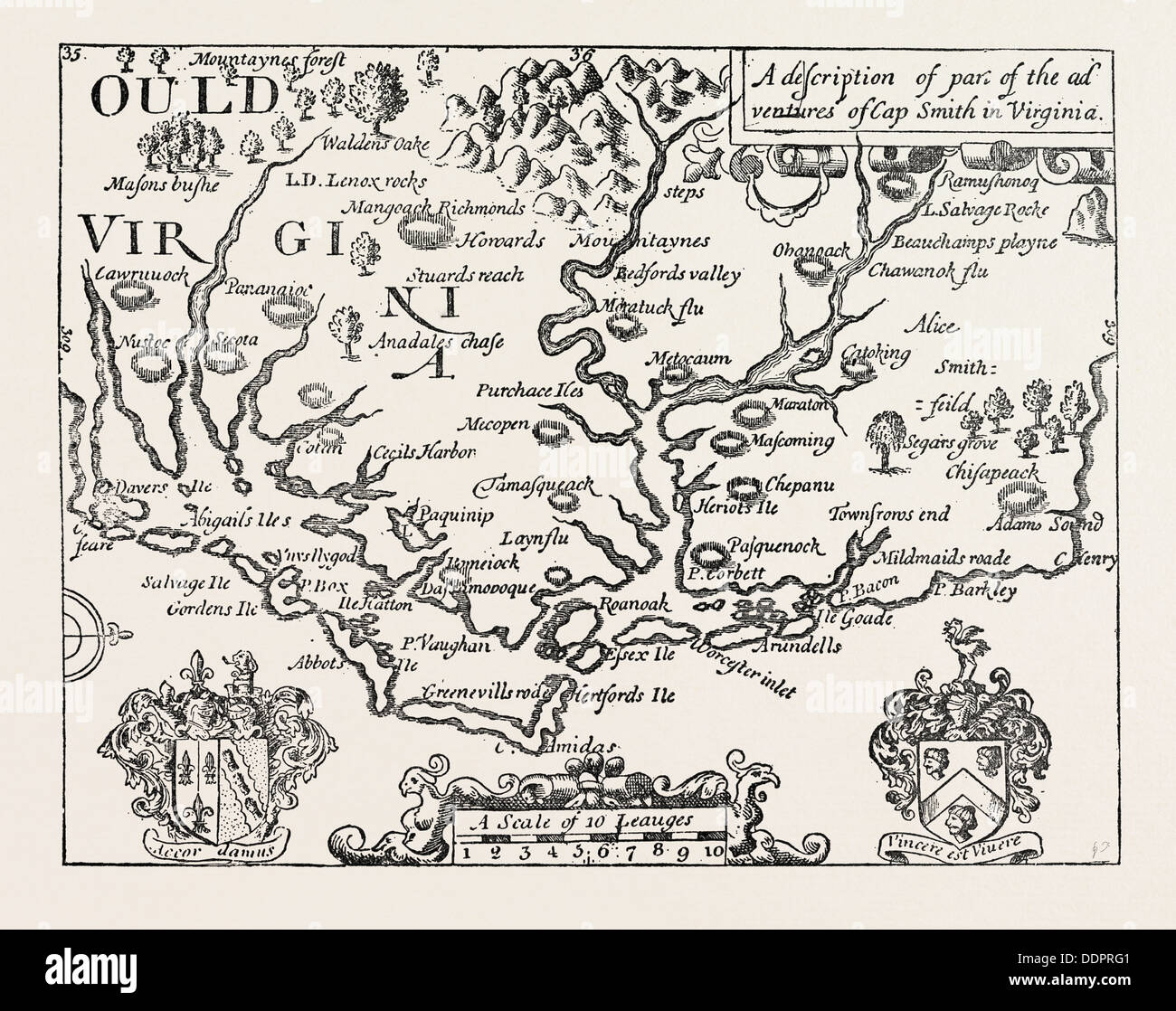 Mappa della Virginia. (Dopo Smith.) STATI UNITI D'AMERICA, USA, Stati Uniti d'America, 1870 l'incisione Foto Stock