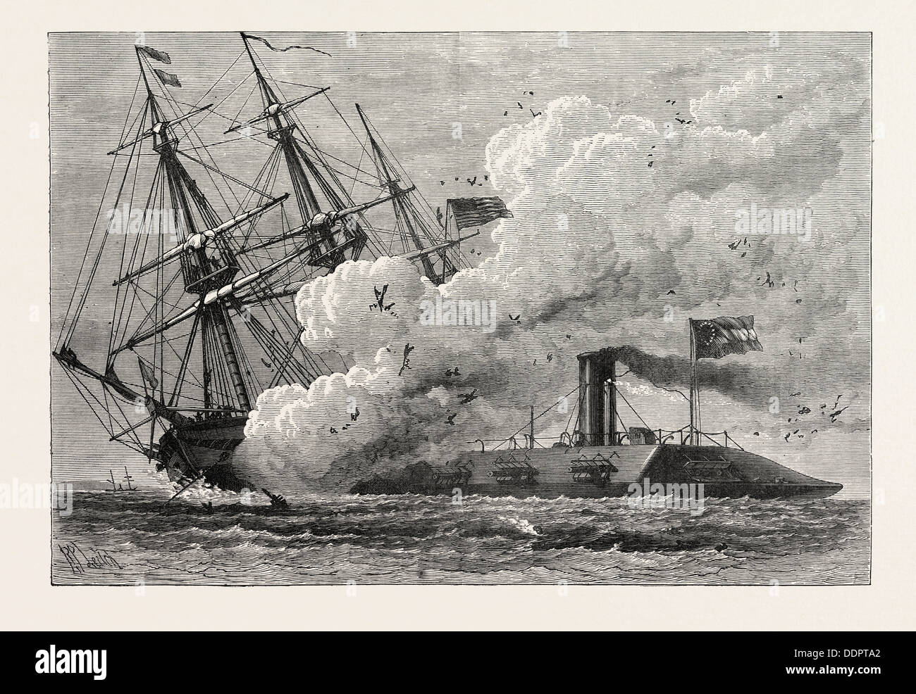 Il MERRIMAC naufragio il Cumberland, GUERRA CIVILE AMERICANA, STATI UNITI D'AMERICA, USA, Stati Uniti d'America, 1870 l'incisione Foto Stock