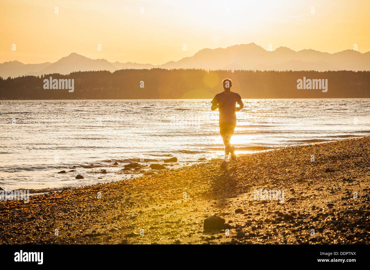 Un giovane uomo che corre su una spiaggia in Seattle scoperta del parco. Seattle, Washington, Stati Uniti d'America. Foto Stock