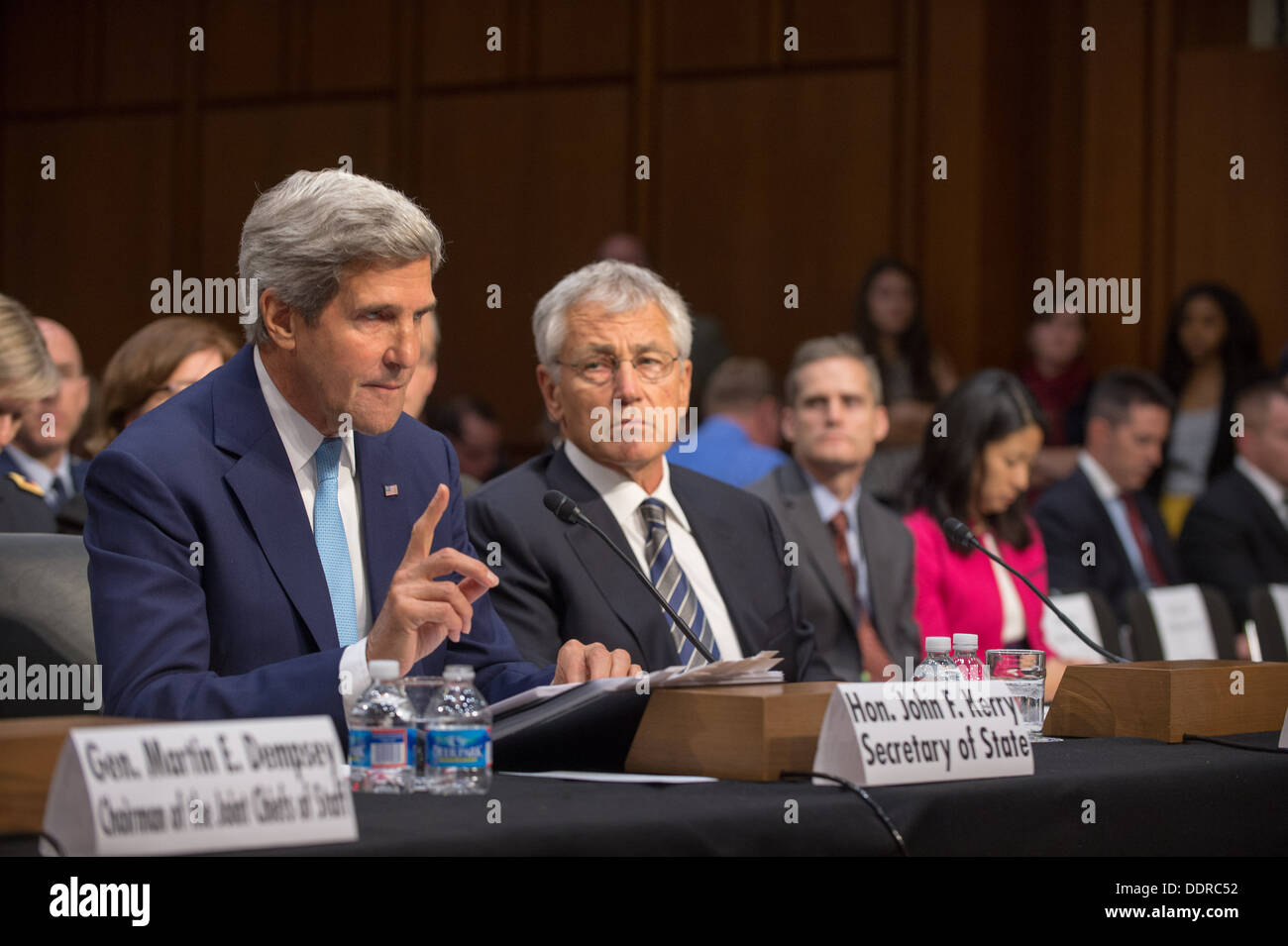 Il segretario di Stato John Kerry parla durante un Senato Comitato delle Relazioni Estere audizione presso il Senato Hart edificio per uffici a Washington D.C. Sett. 3, 2013. Il presidente Barack H. Obama sta cercando l'approvazione del Congresso per una limitata azione militare in Syri Foto Stock