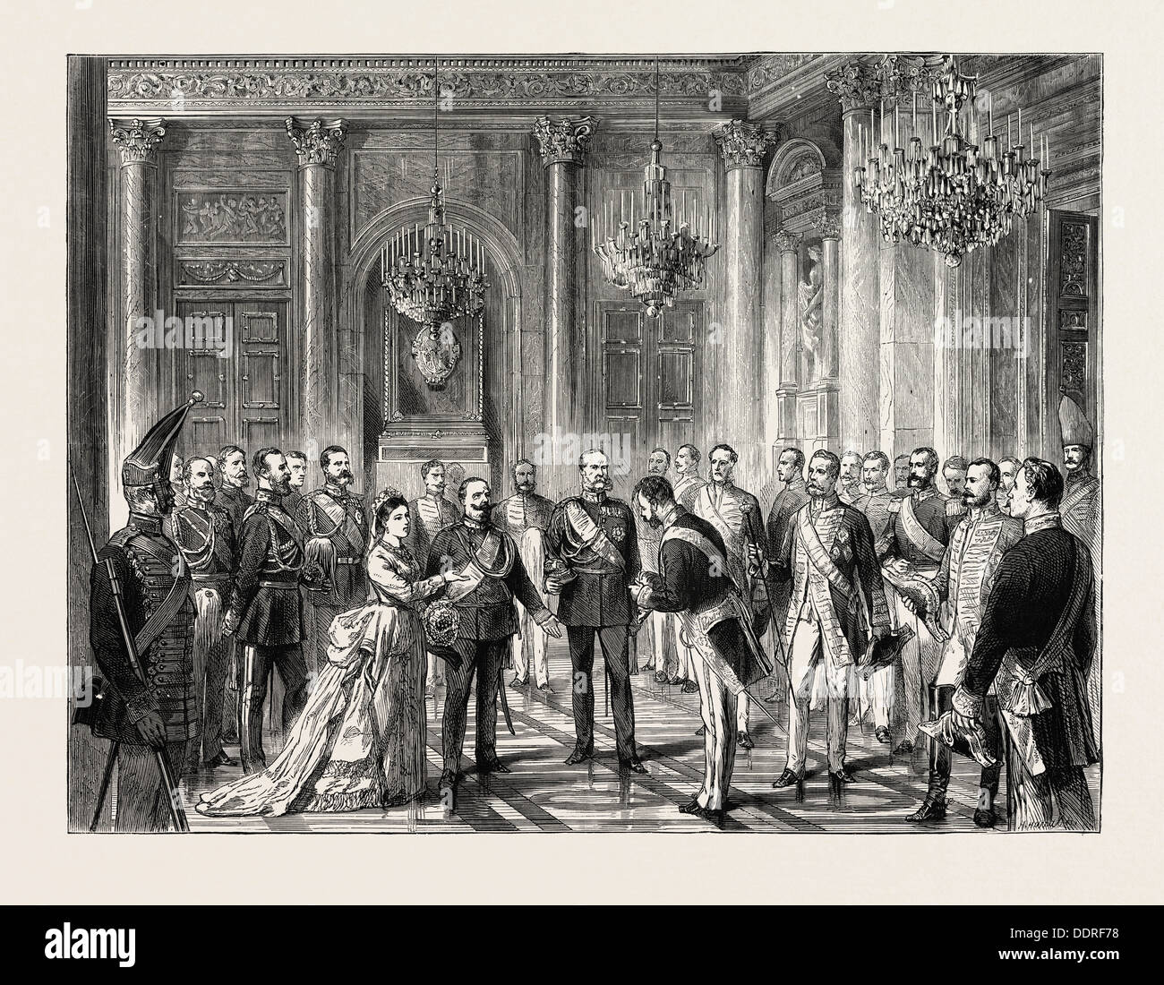 Visita del re Vittorio Emanuele a Berlino: presentazione di stato dignitari al re al suo arrivo presso il palazzo, Germania Foto Stock