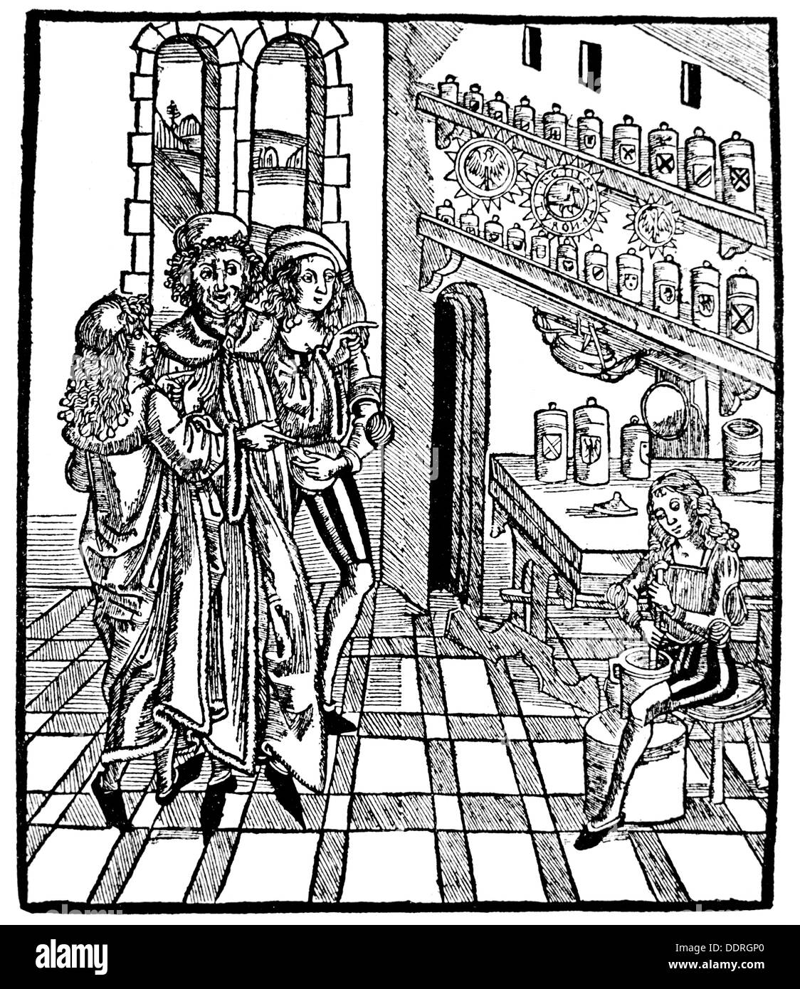 Medicina, farmacia, farmacia, farmacia, medicina di miscelazione farmacie, taglio di legno, da: Hieronymus Brunschwig (circa 1450 - circa 1512), 'Das Buch der Cirurgia', stampa: Johann Grüninger, Strasbourg, 1497, diritti-aggiuntivi-clearences-not available Foto Stock