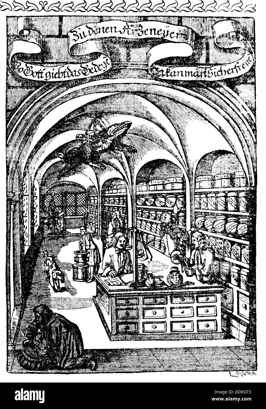 Medicina e Farmacia, farmacia, salesroom, incisione su rame, circa 1600, artista del diritto d'autore non deve essere cancellata Foto Stock