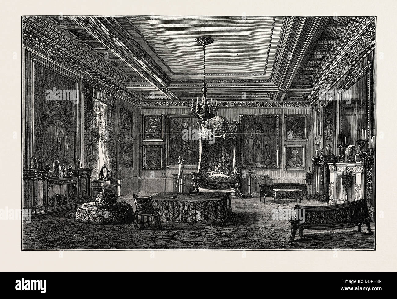 Lo scià LA CAMERA DA LETTO IN BUCKINGHAM PALACE DI LONDRA, REGNO UNITO, 1873 l'incisione Foto Stock