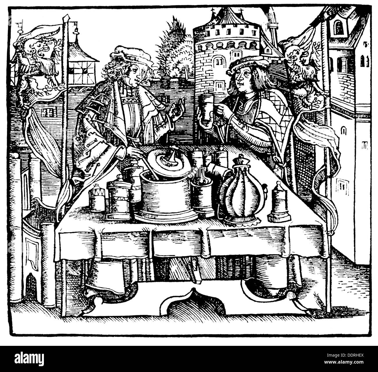 Medicina, farmacia, pubblica fabbricazione di teriaco da un medico di città e un farmacista, taglio di legno, da: Marsilio Ficino (1433 - 1499), 'Libro della vita', edizione tedesca, Strasburgo, 1531, diritti aggiuntivi-clearences-non disponibile Foto Stock