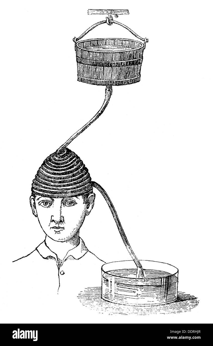 Medicina, trattamento, esame / terapia / consultazione, terapia con acqua fredda contro mal di testa permanenti, disegno, circa 1910, diritti aggiuntivi-clearences-non disponibile Foto Stock