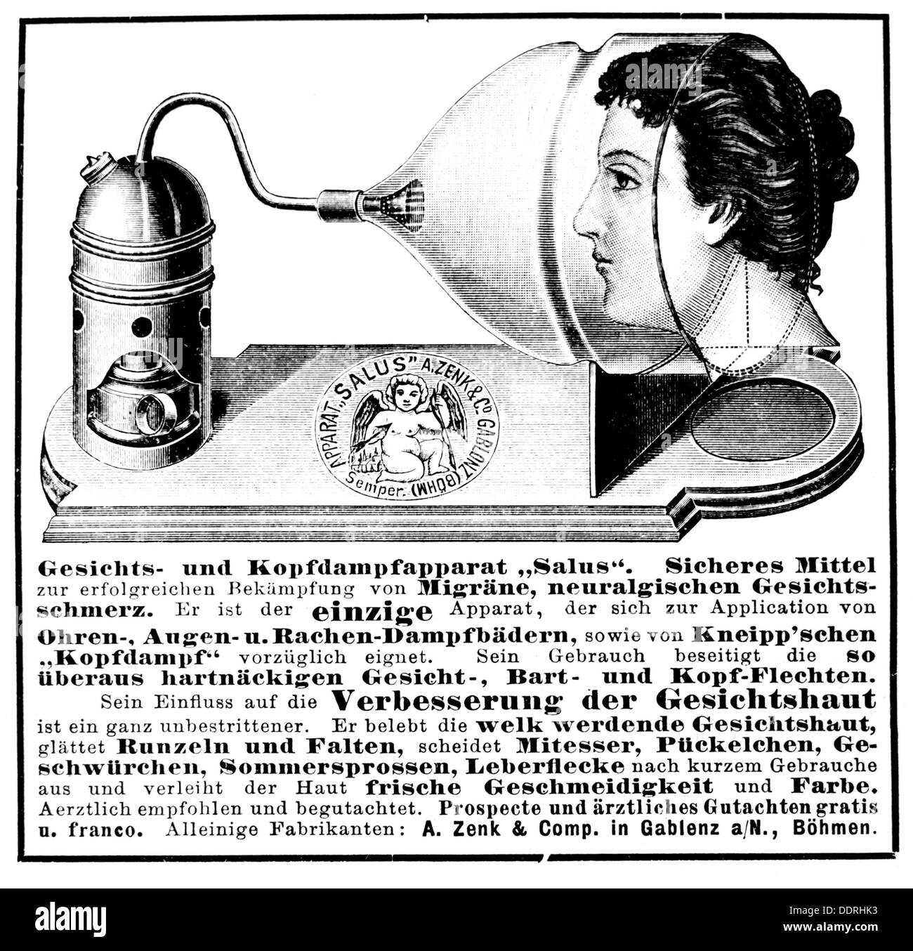 Pubblicità, medicina, pubblicità per apparecchi a vapore 'Salus' contro l'emicrania, A.Zenk & Comp., Gablenz, Boemia, incisione in legno, da: 'Fuer alle Welt!', Stoccarda, 1897, Additional-Rights-Clearences-Not Available Foto Stock