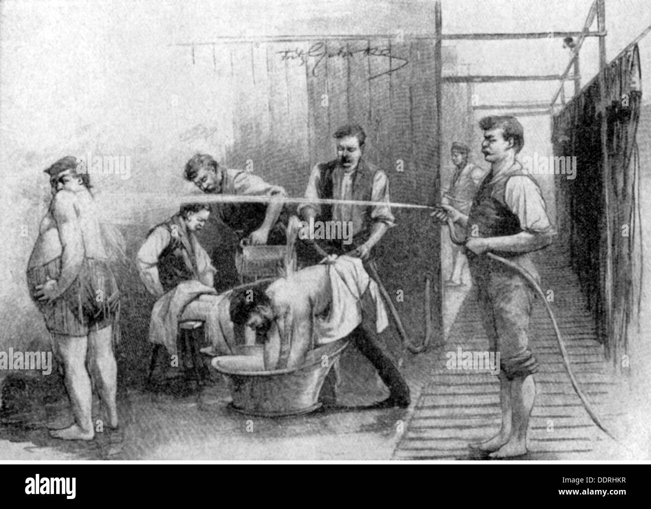 Medicina, trattamento, esame / terapia / consultazione, acquazzoni durante la cura dopo il pastore Kneipp, incisione del legno, da: 'Die Gartenlarbe', Lipsia, 1890, Additional-Rights-Clearences-Not Available Foto Stock