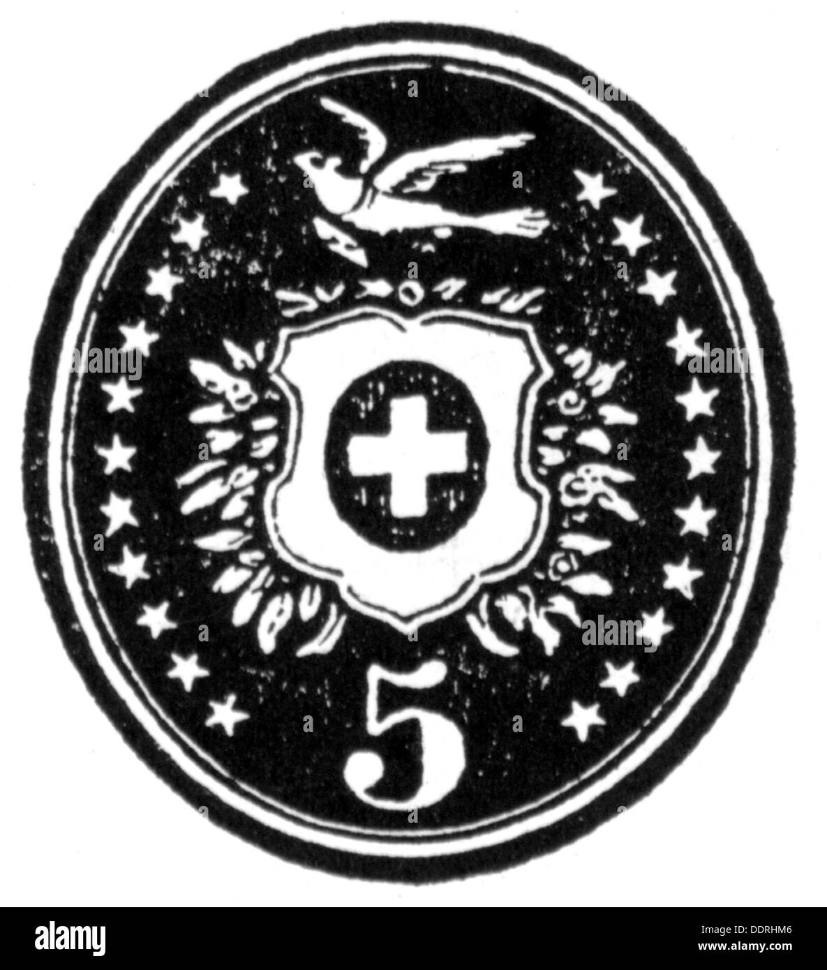 Posta / posta, francobolli, Svizzera, 5 francobollo Rappen con colomba e croce svizzera, disegno, da: 'Illustriertes Conversations-Lexikon fuer Jedermann', Lipsia, 19 ° secolo, diritti aggiuntivi-clearences-non disponibile Foto Stock