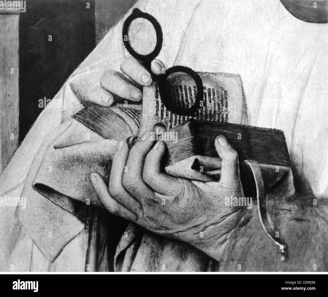 Medicina, oftalmologia, occhiali nelle mani del canon van der Paele, pittura di Jan van Eyck (circa 1390 - 1441), dettaglio, 1436, diritti aggiuntivi-clearences-non disponibile Foto Stock