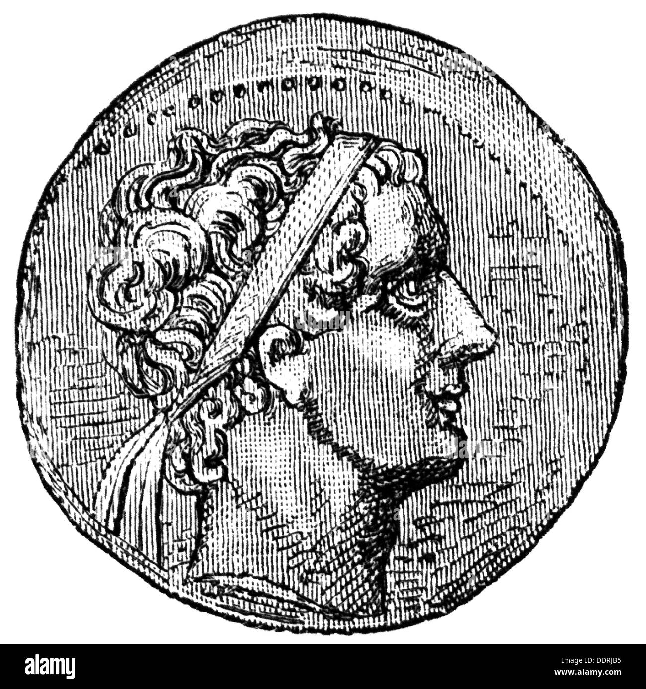 Antioco III 'il Grande', 241 - 187 a.C., Re dell'Impero Seleucido 223 - 187 a.C., ritratto, moneta, circa 200 a.C., incisione in legno, 19th sec., Foto Stock