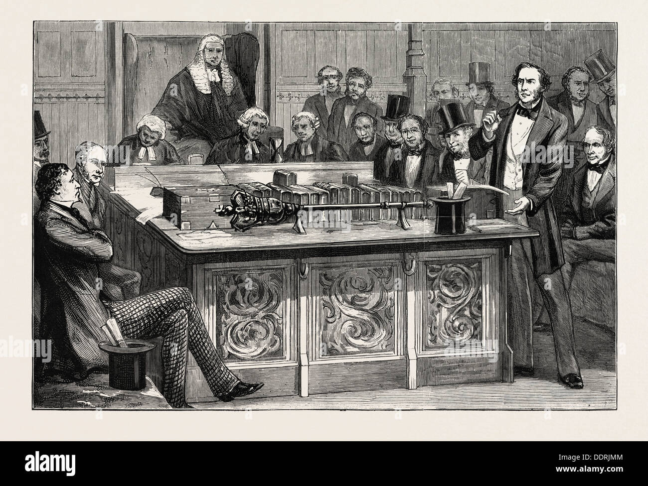 Il sig. GLADSTONE attaccando il sig. DISRAELI IL PRIMO BILANCIO DI HOUSE OF COMMONS, 1852, REGNO UNITO Foto Stock