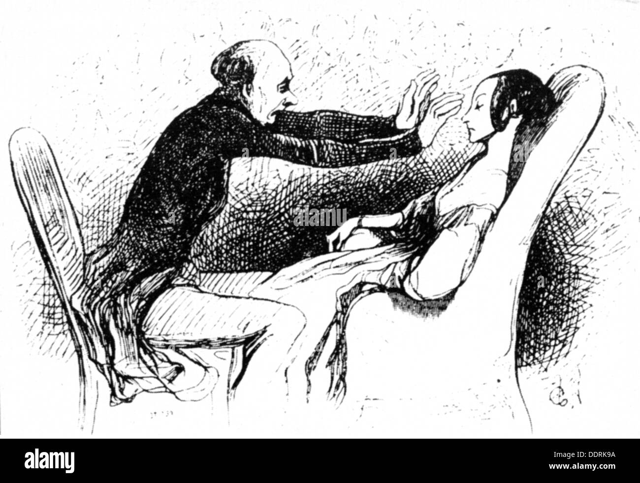 Medicina, ipnosi, magnetismo carnale, disegno di Honore Daumier (1808 - 1879), su: 'Nemesis medico Illutree', volume 2, Parigi, 1840, Additional-Rights-Clearences-Not Available Foto Stock